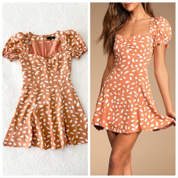 Lulus Dresses & Skirts - NWOT Lulus Oh My Darlin' Orange Print Puff Sleeve Mini Dress XSmall